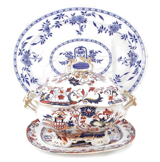 Appraisal: English stoneware platter and tureen on stand Minton Delft pattern