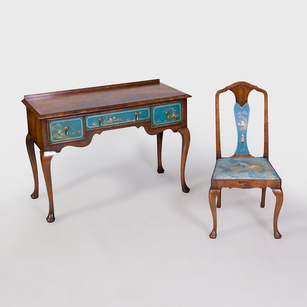 Appraisal: Dutch Rococo Style Walnut and Blue Lacquer Desk and Matching