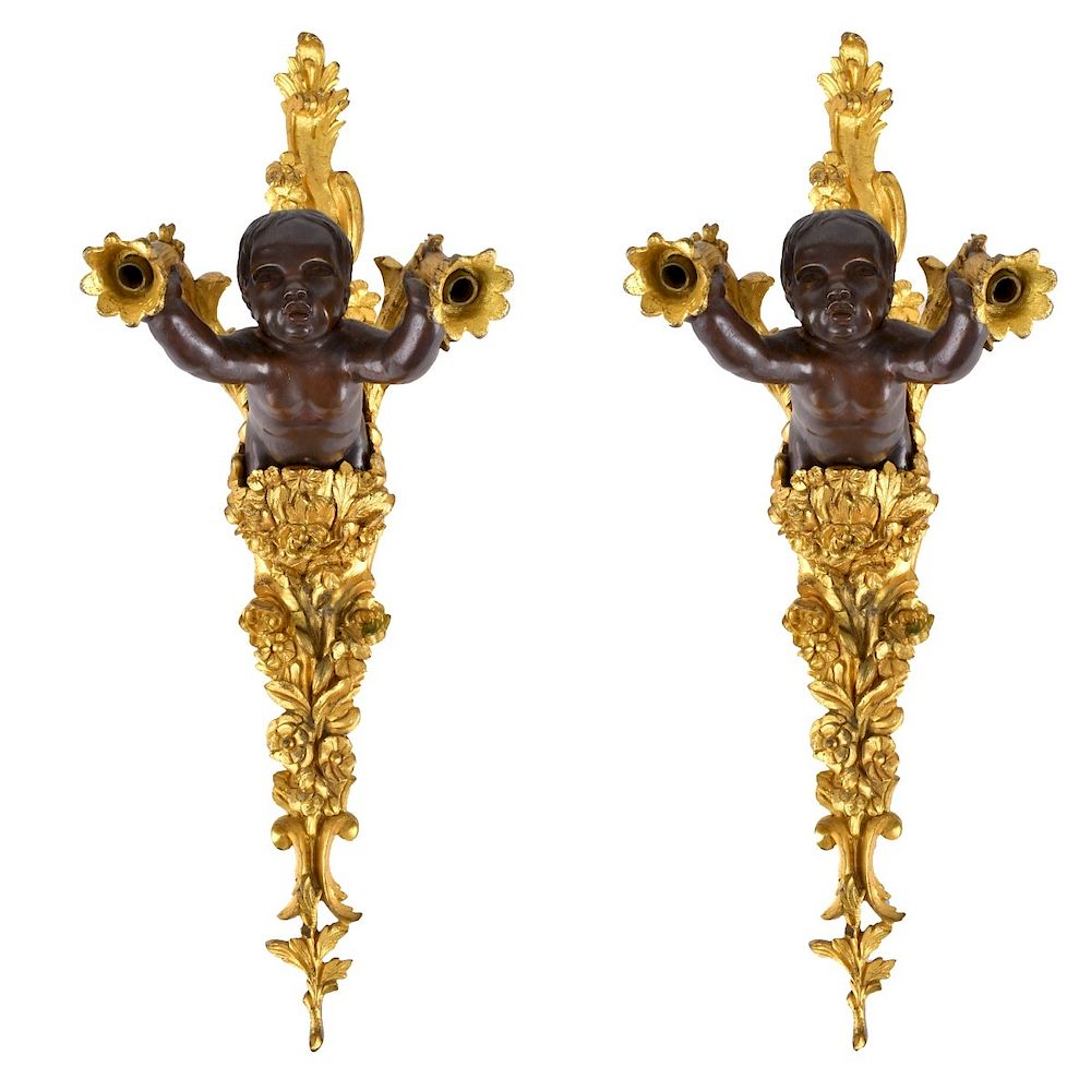 Appraisal: Pr Empire Style Bronze Arm Wall Sconces Cherubs Pair of