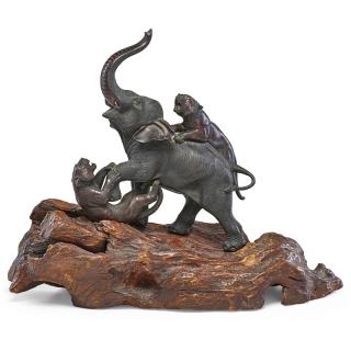 Appraisal: JAPANESE MEIJI BRONZE ON BASE Elephant fighting two tigers on