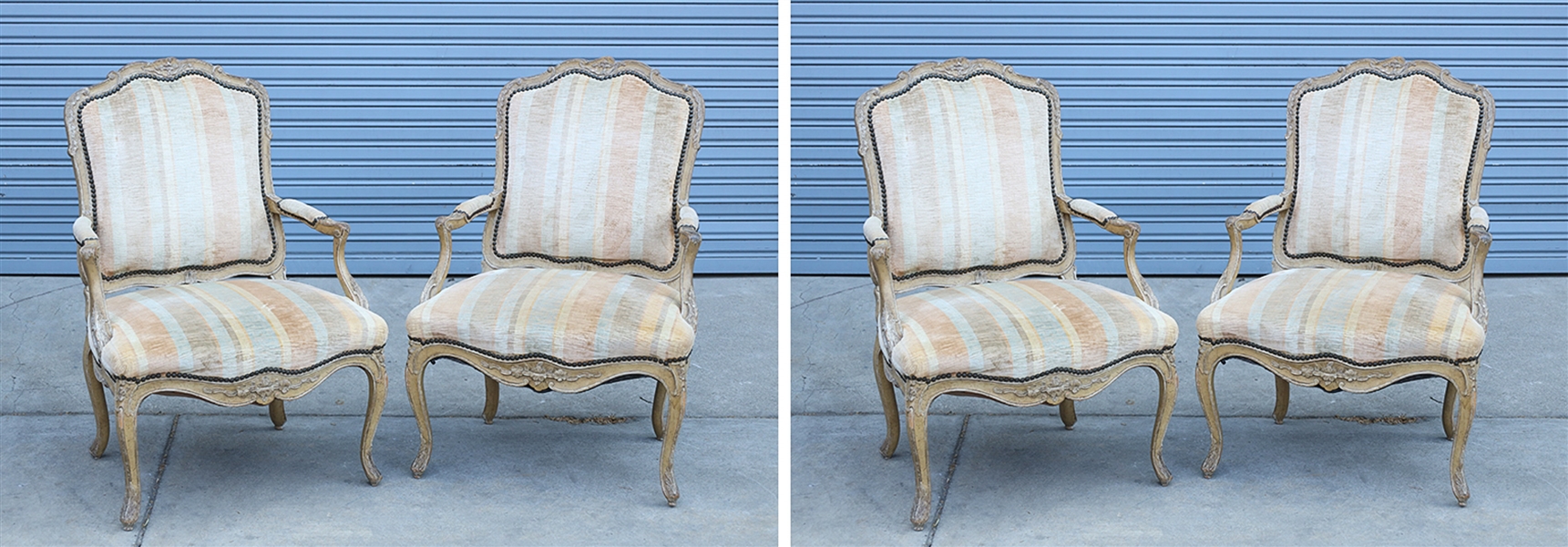 Appraisal: Group of four upholstered wood chairs with metaled in hardware