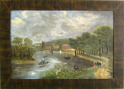 Appraisal: American oil on canvas folk art canal scene signed LCH