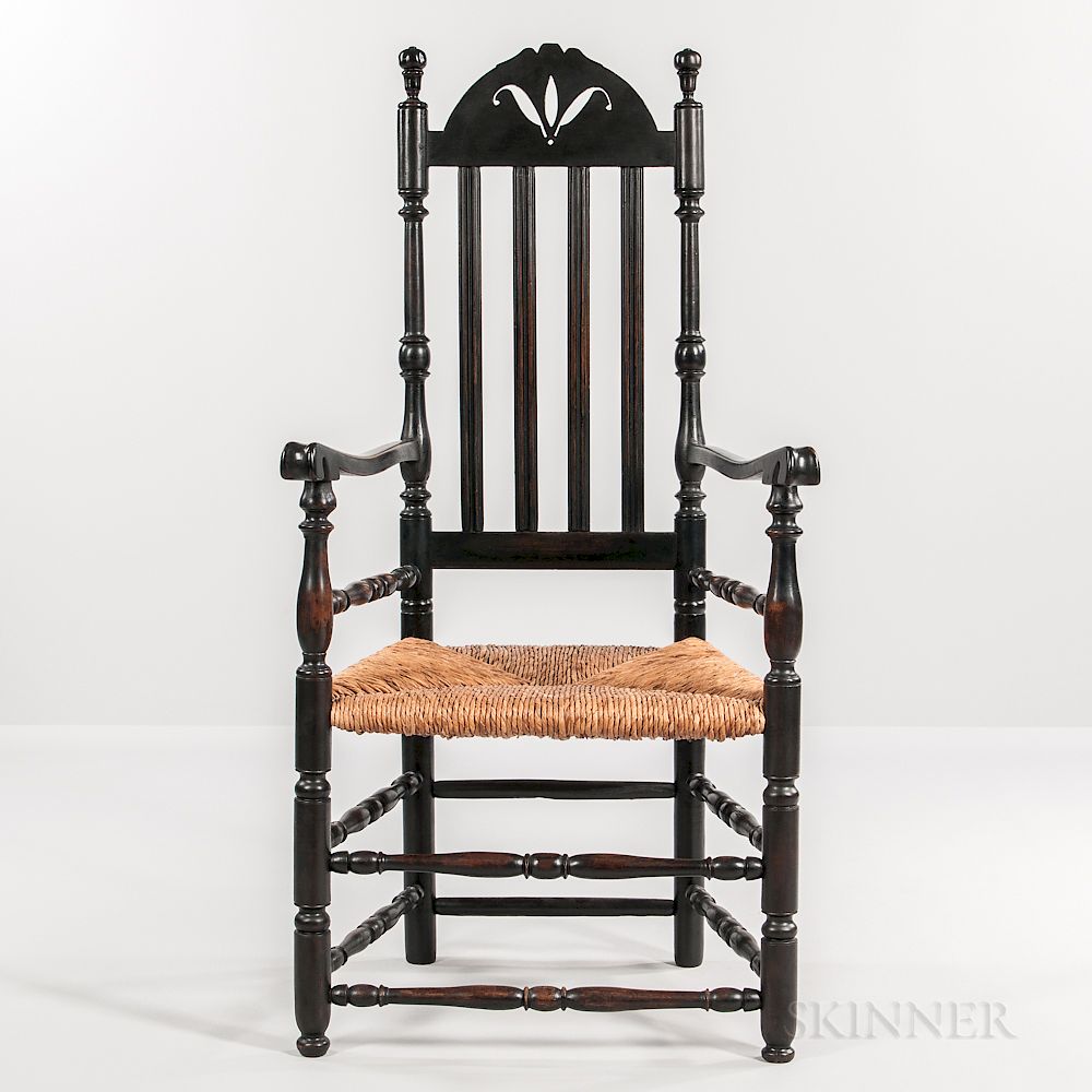 Appraisal: Black-painted Bannister-back Armchair Black-painted Bannister-back Armchair Connecticut mid- th century