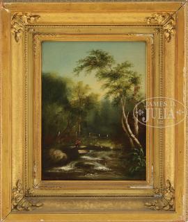 Appraisal: JULES DUPRE French - BARBIZON LANDSCAPE WITH FISHERMAN Oil on