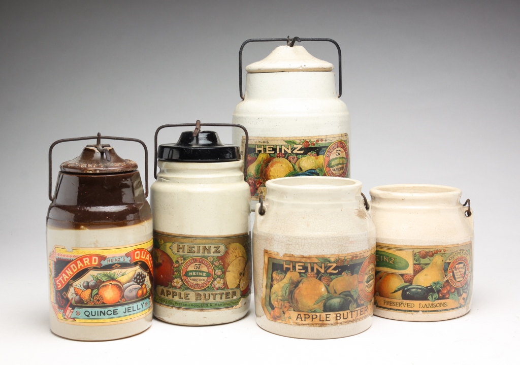 Appraisal: FIVE HEINZ LABELED STONEWARE CANNING JARS Ca Three with snap