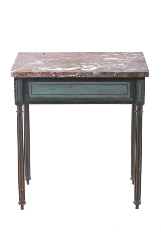 Appraisal: CONTINENTAL NEOCLASSICAL MARBLE-TOP PAINTED SIDE TABLE late th century Rectangular