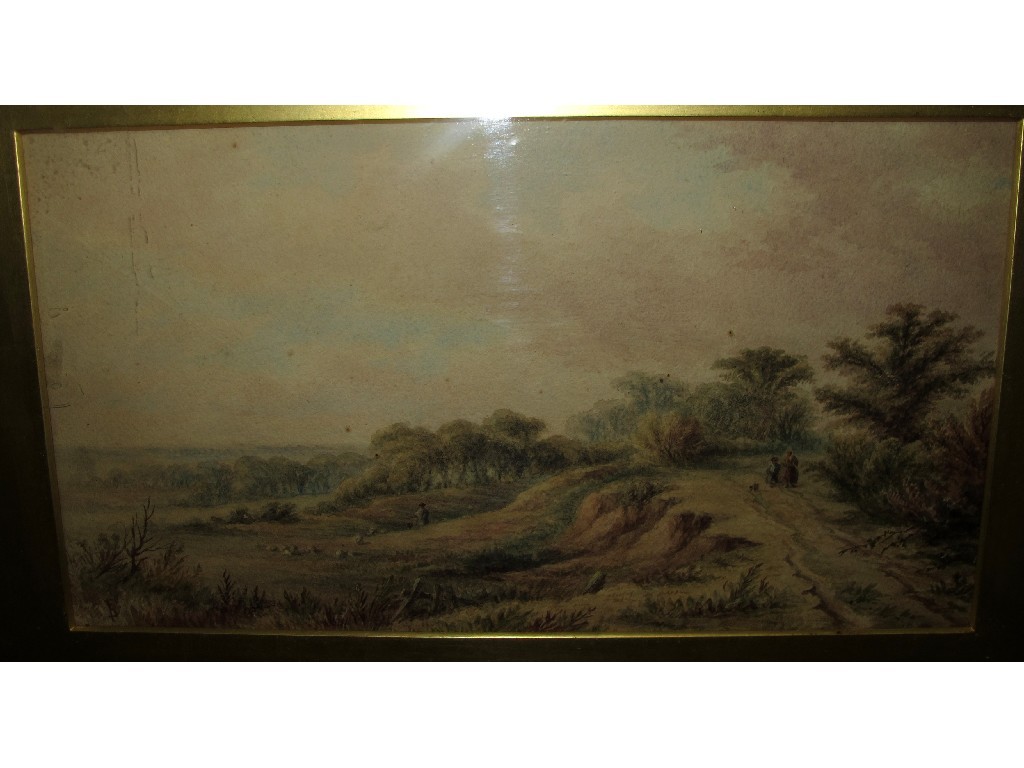 Appraisal: Watercolour landscape with figures on a country road monogrammed lower