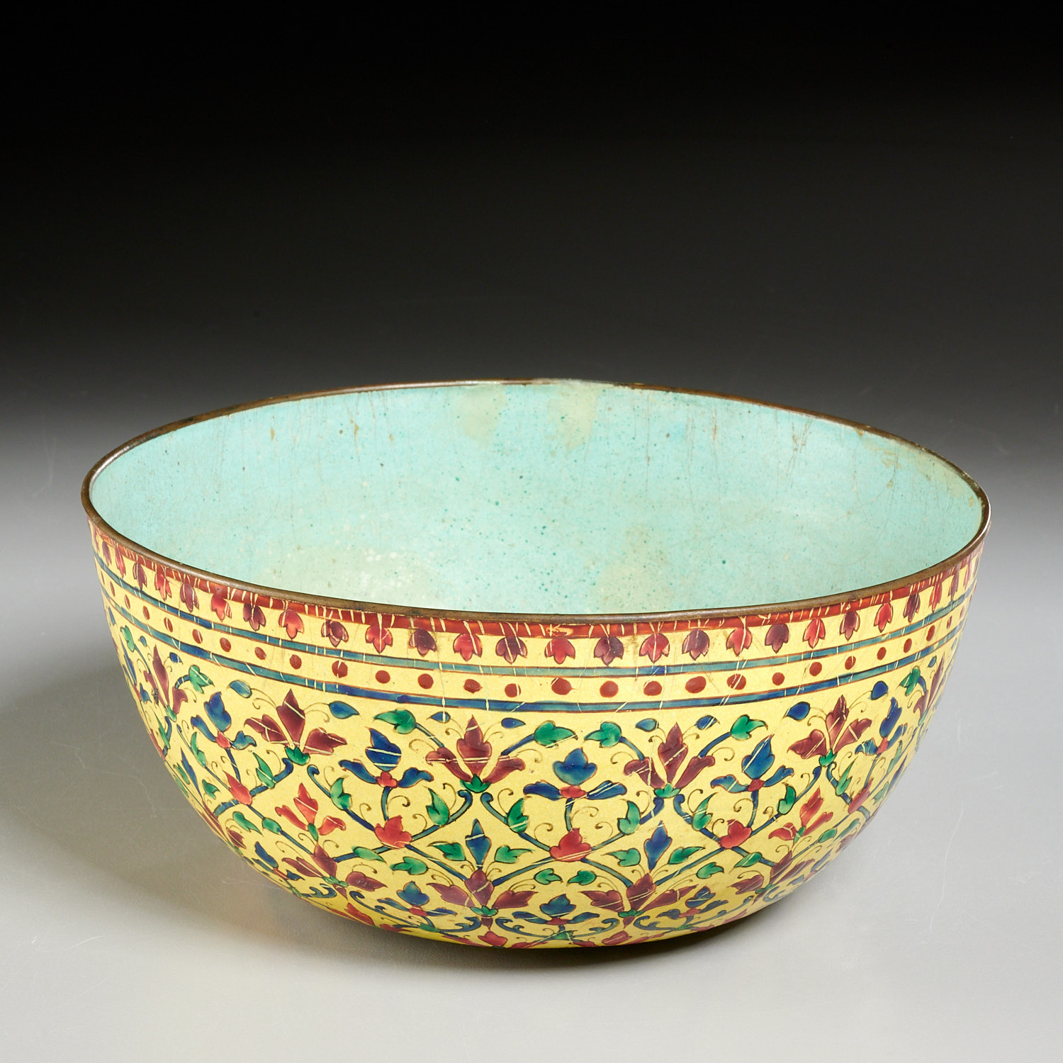 Appraisal: ANTIQUE THAI ENAMELED COPPER BOWL Mid- th c benjarong-style decorated