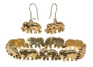 Appraisal: Ruby k yellow gold elephant jewelry suite Ruby k yellow