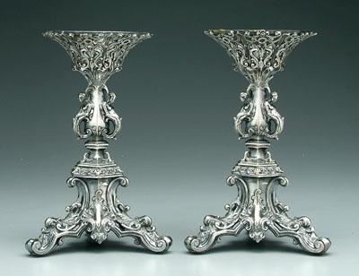 Appraisal: Pair English silver plated stands six-sided post with three mermaids