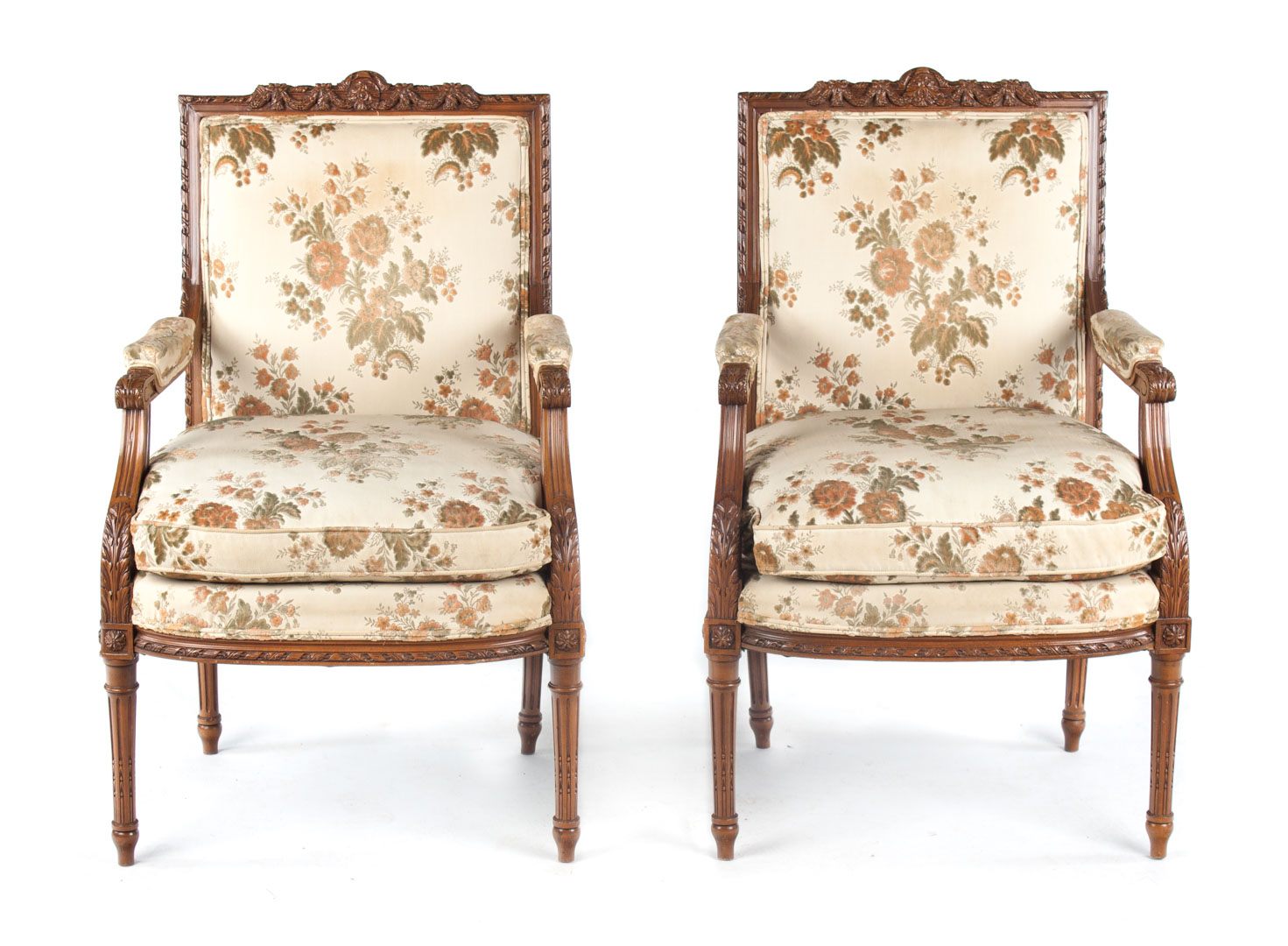 Appraisal: Pair of Louis XVI style carved maple fauteuils upholstered panel