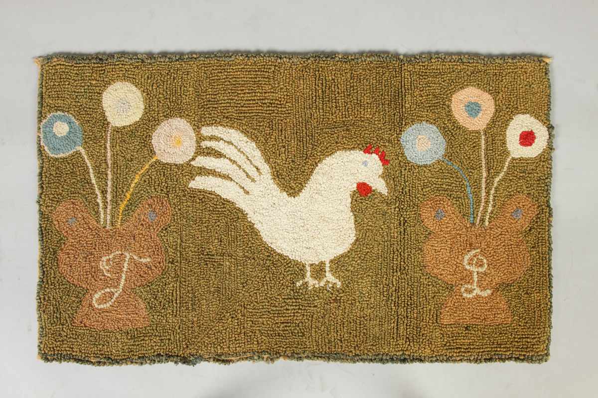 Appraisal: Hooked Rug with Rooster Flower Pots Late th Early th