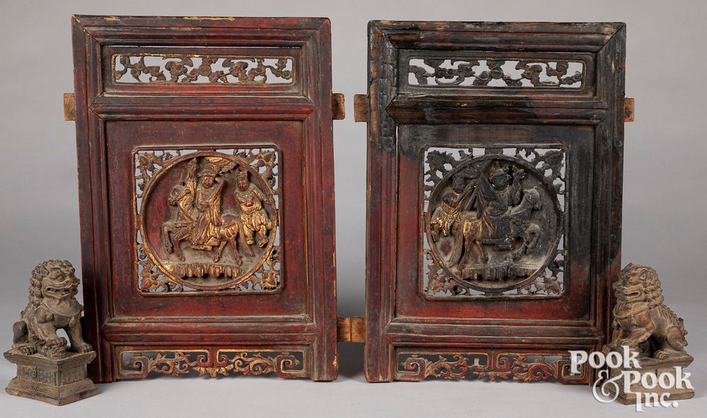 Appraisal: Pair of carved wood Chinese style foo dogs Pair of