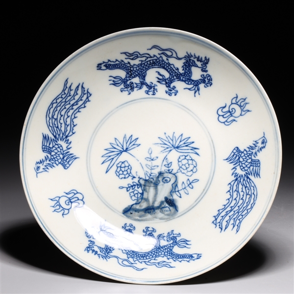 Appraisal: Chinese blue and white porcelain dish with mythical creatures to