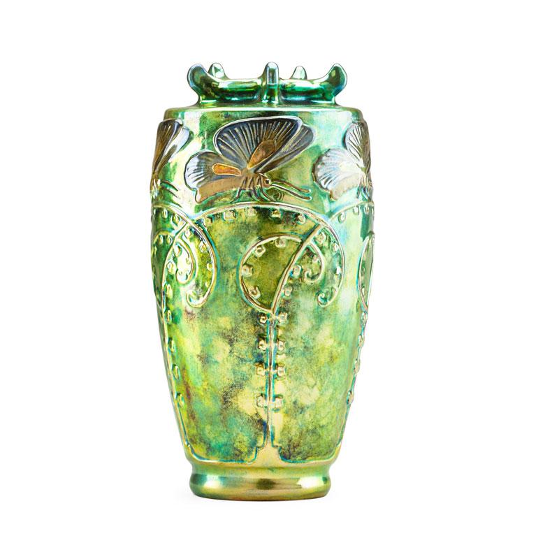 Appraisal: ZSOLNAY Fine tall vase with butterflies Condition Report One small