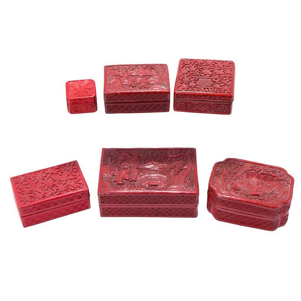 Appraisal: Six Cinnabar boxes Six Chinese carved Cinnabar boxes th and