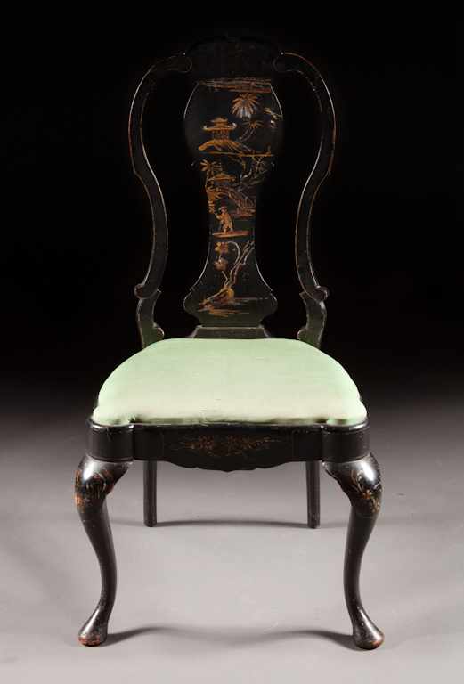 Appraisal: Queen Anne style black japanned upholstered side chair th century