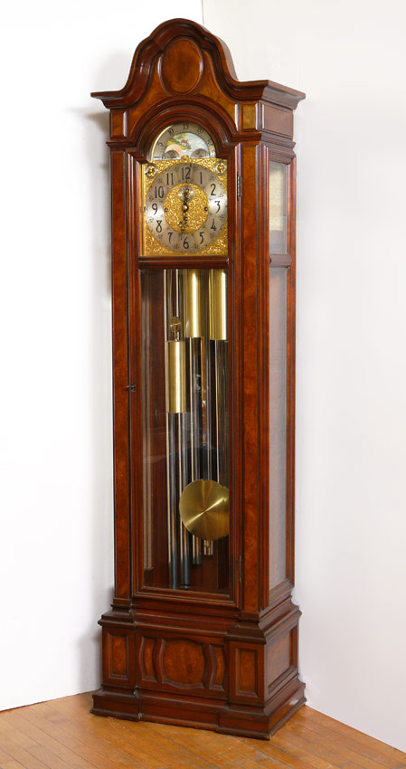 Appraisal: HERSCHEDE TUBE GRANDFATHER CLOCK Shaped pediment burl veneer accents all