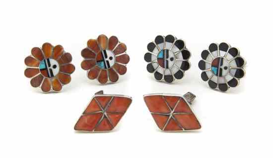 Appraisal: Three Pairs of Zuni Sterling Silver Channel Inlay Cufflinks one