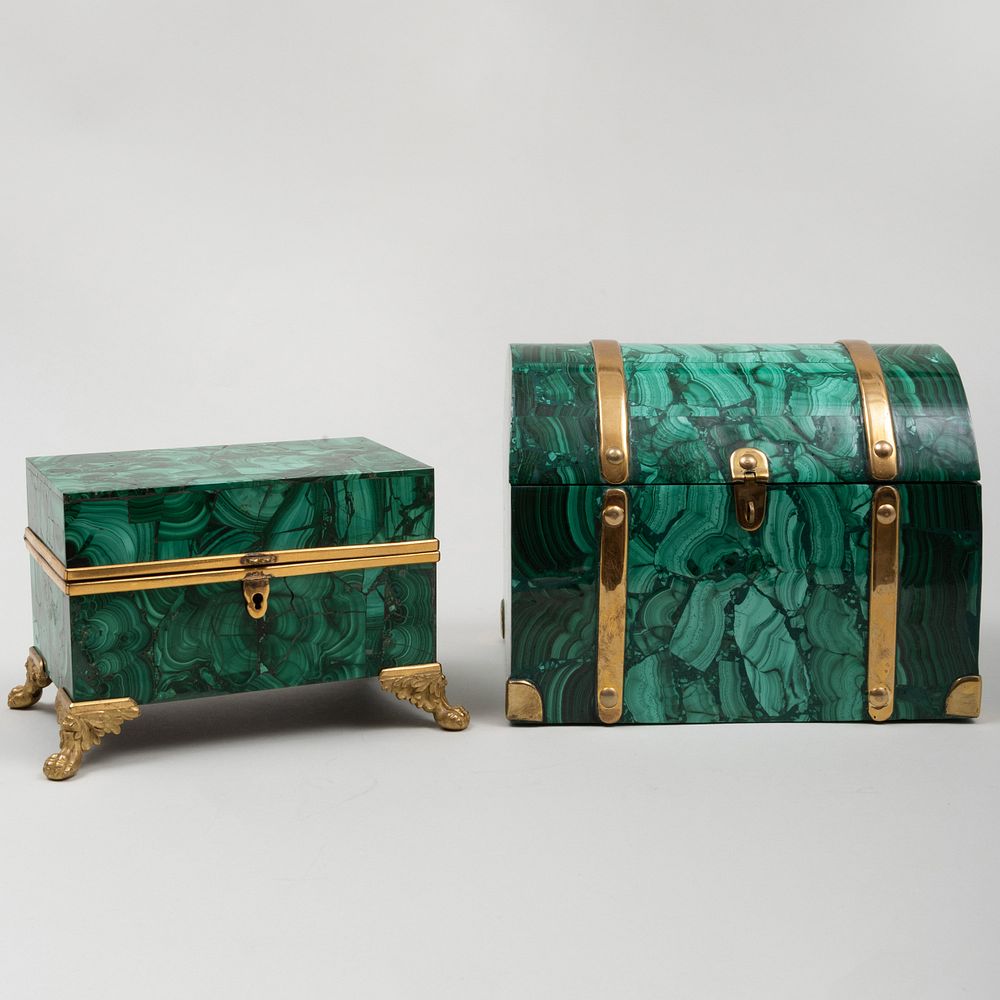 Appraisal: Two Continental Brass-Mounted Malachite Table Boxes The larger x x