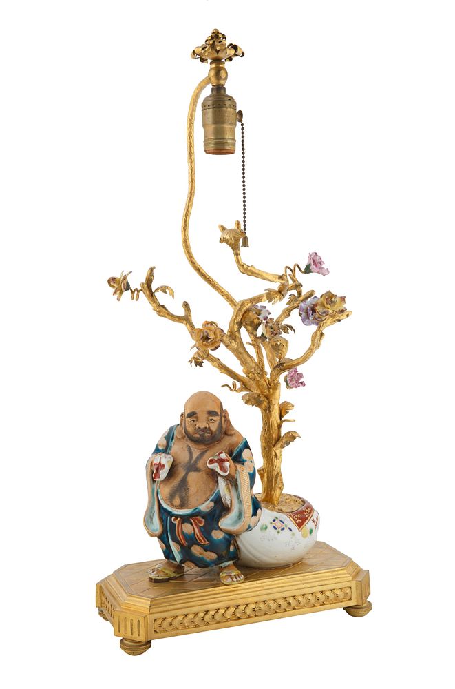 Appraisal: CHINESE GILT BRONZE AND PORCELAIN FIGURAL TABLE LAMP CHINESE GILT