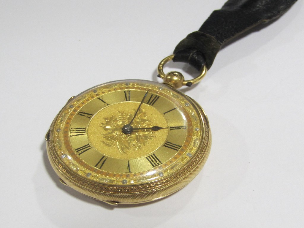 Appraisal: An eighteen carat gold open faced pocket watch with gilt