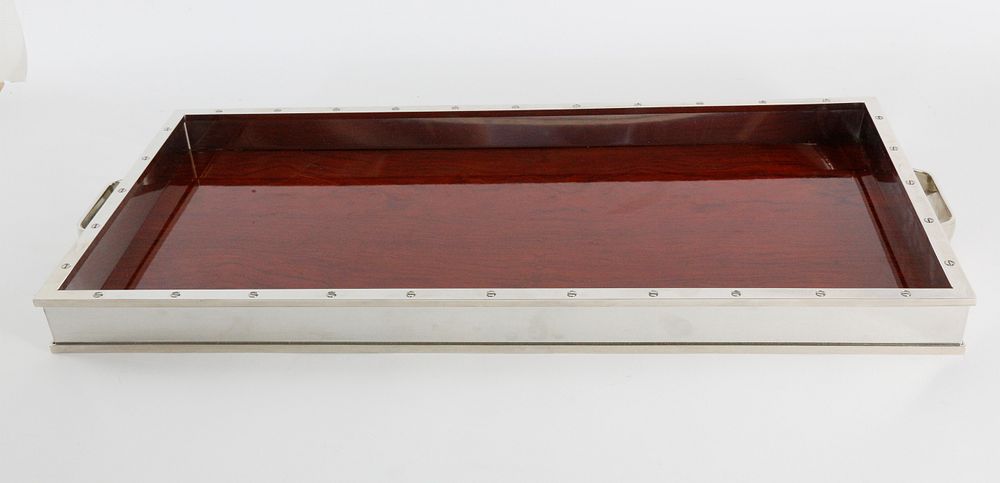 Appraisal: Modern Rosewood and Chrome Two-Handle Serving Tray Modern Rosewood and