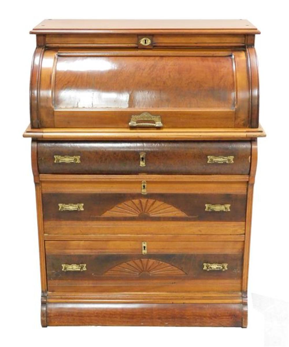 Appraisal: Small cylinder roll top desk compartmentalized interior with pigeon holes