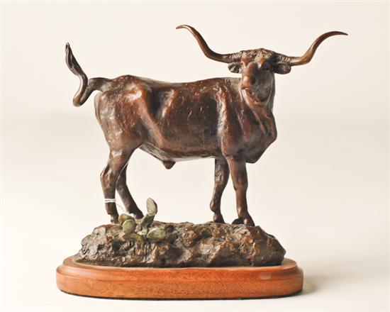 Appraisal: Bronze Longhorn on wooden base illegibly signed high long