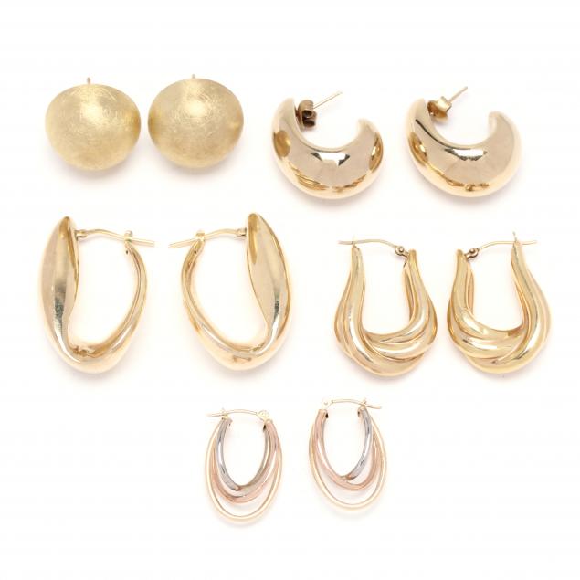 Appraisal: THREE PAIRS OF GOLD EARRINGS AND TWO PAIRS OF VERMEIL