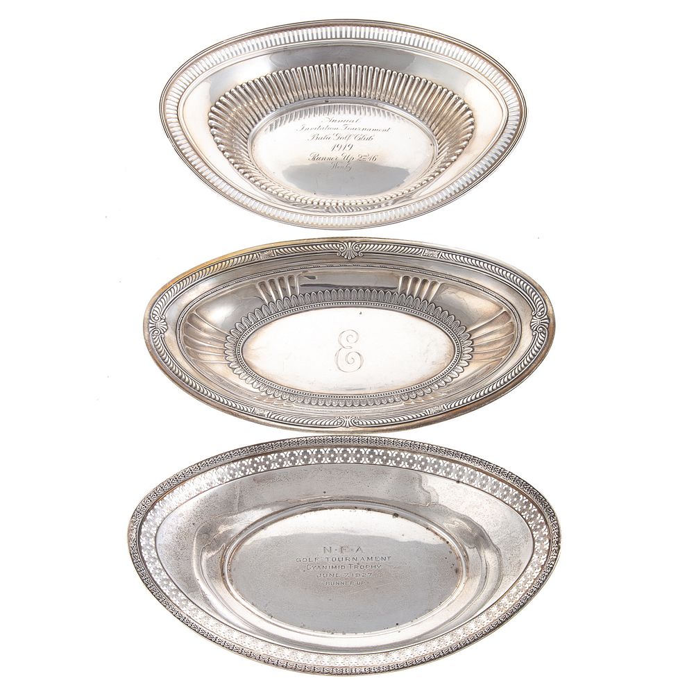 Appraisal: Three Sterling Bread Trays including a golfing trophy by Bailey