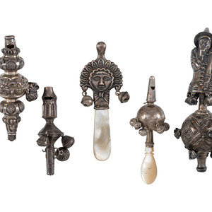 Appraisal: Five Silver Rattle Whistles th Century two with mother of