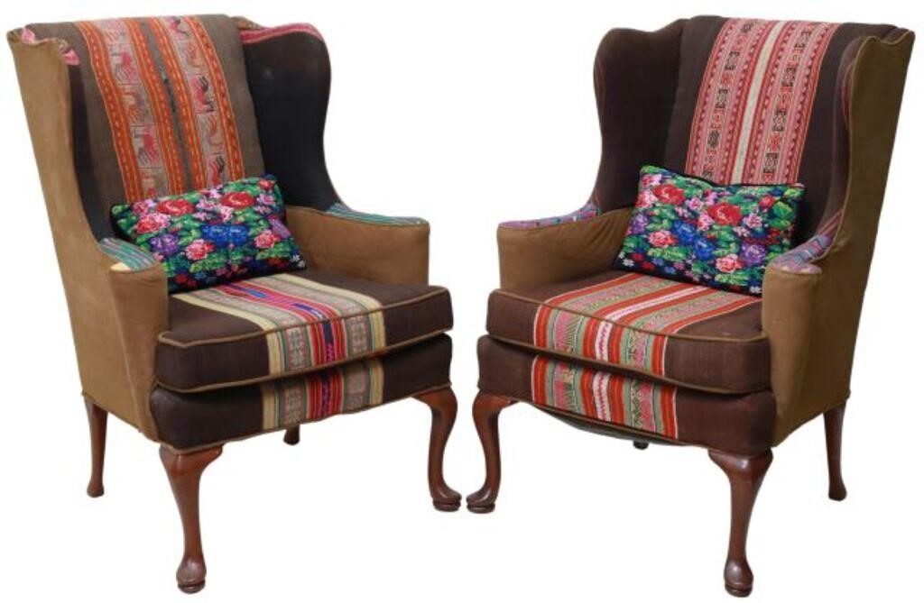 Appraisal: lot of Wingback armchairs th c upholstered in woven textiles