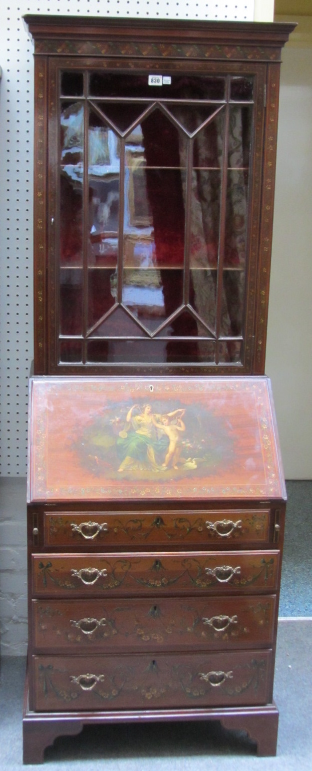 Appraisal: An Edwardian painted mahogany bureau bookcase the single frieze door