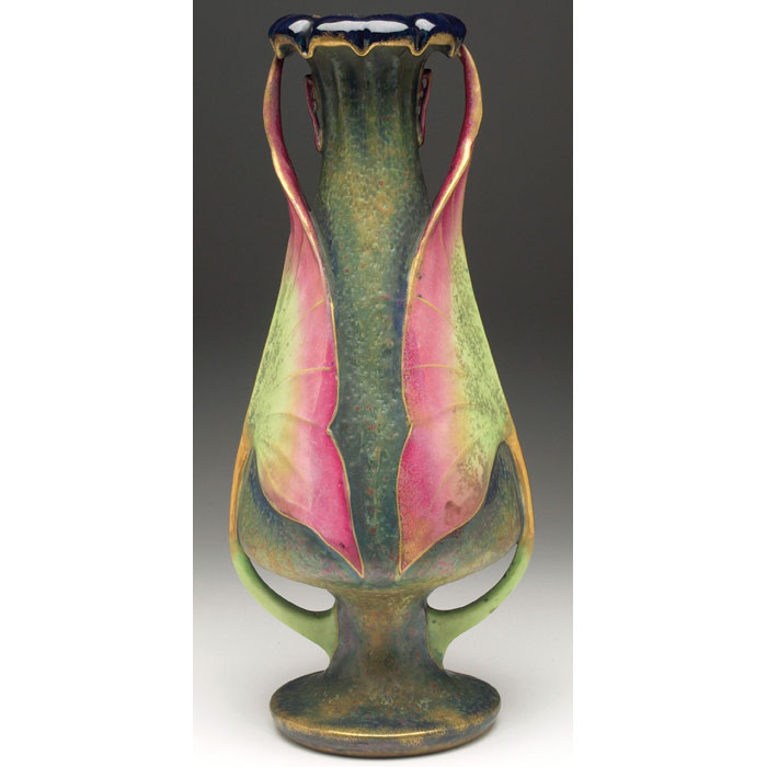 Appraisal: Amphora vase designed by Eduard Stellmacher handled shape with colorful