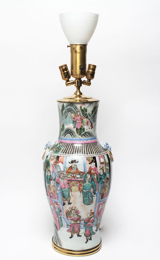 Appraisal: Chinese Export Polychrome Enamel Vase Lamp Chinese export vase converted