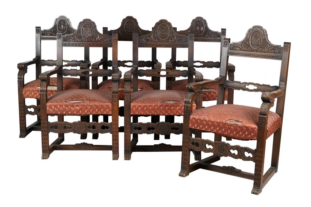 Appraisal: SIX SPANISH STYLE CARVED WALNUT ARMCHAIRSmid th century Condition heavy