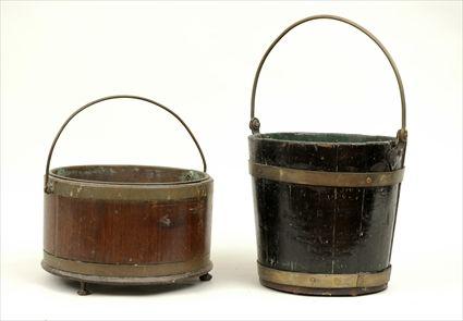 Appraisal: Brass-Bound Peat Bucket Together with a brass-bound mahogany bucket to