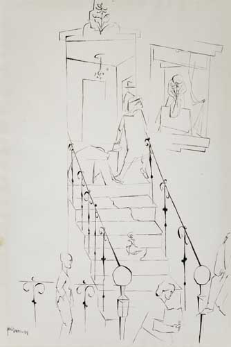 Appraisal: JACOB LAWRENCE - Untitled Street Scene Brush and ink drawing