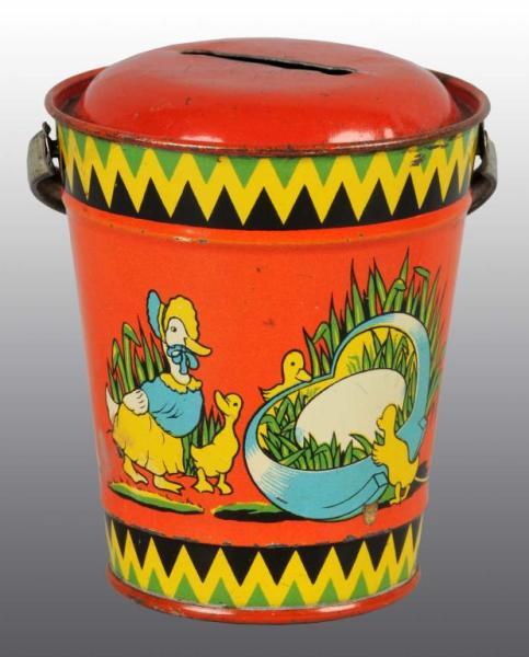 Appraisal: Tin Litho English Easter Pail Still Bank Description Bright and