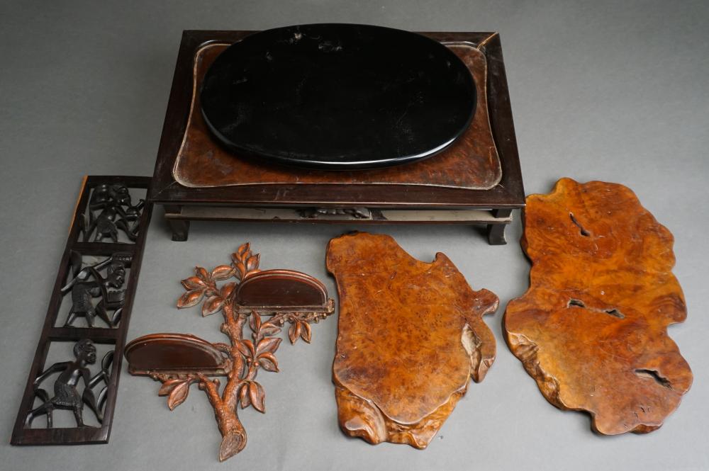 Appraisal: Four Japanese Wood Stands a Carved Ebonized Panel and Elizabethan