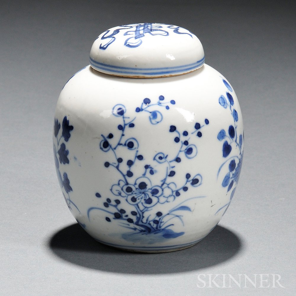 Appraisal: Small Blue and White Covered Jar China decorated with four