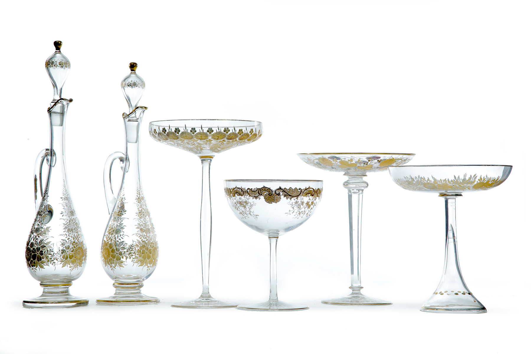 Appraisal: SIX PIECES OF BLOWN GLASS WITH GOLD LEAF ETCHED DECORATION