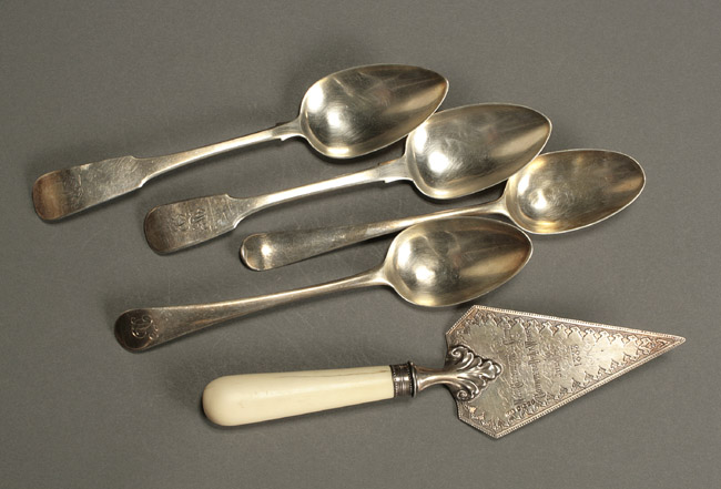 Appraisal: Group of Four Georgian Silver Tablespoons and a Victorian Ivory-Handled