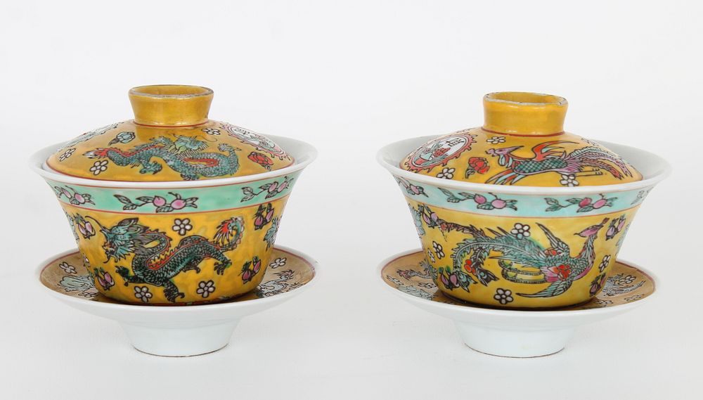 Appraisal: Chinese Covered Cups Saucers Marked Chinese Covered Cups Saucers Each