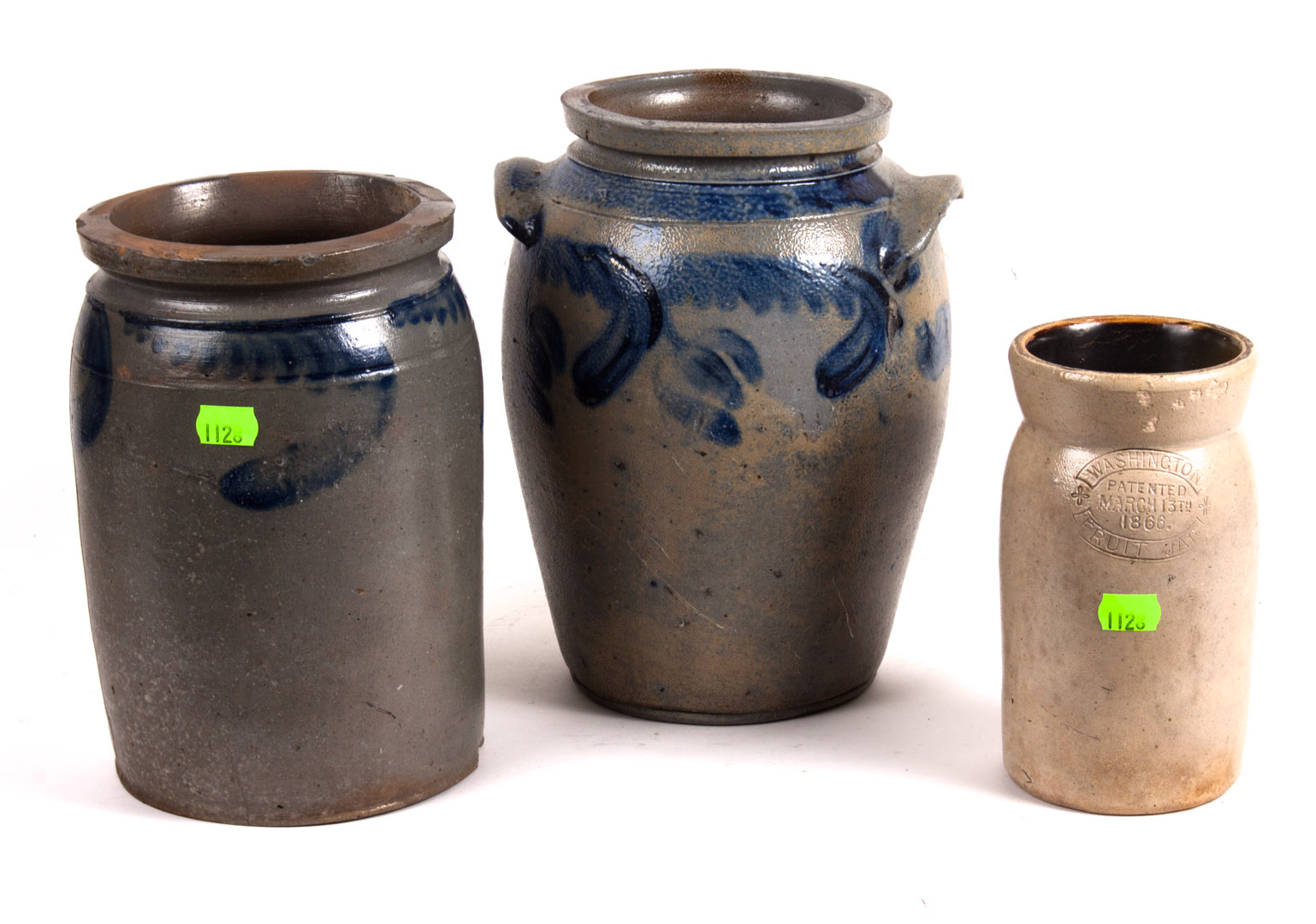 Appraisal: Three American salt glazed stoneware crocks double-handled crock with cobalt