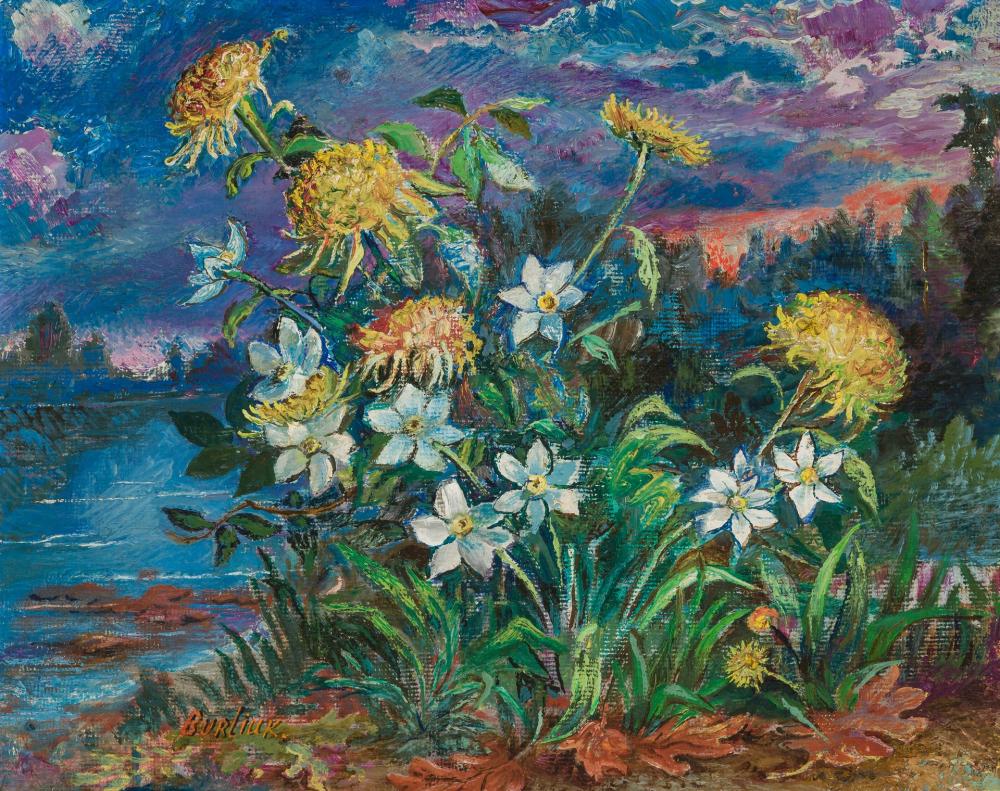 Appraisal: DAVID BURLIUK Ukrainian - Flowers by the River oil on