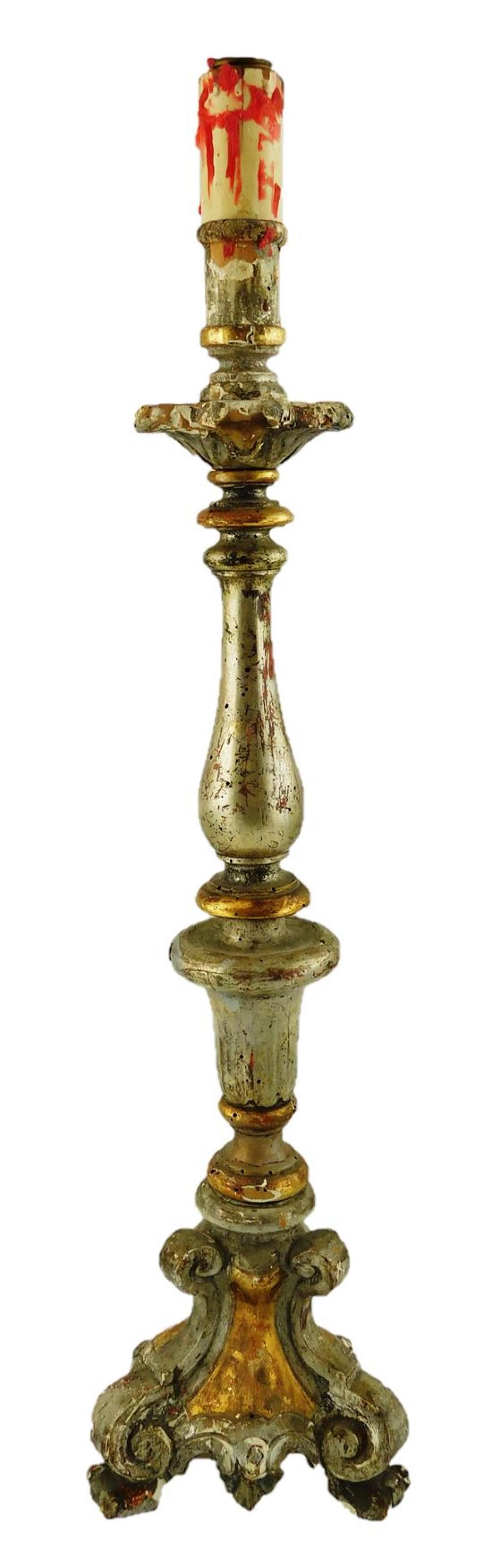 Appraisal: Silvered and gilt wood candlestick th C once fitted for