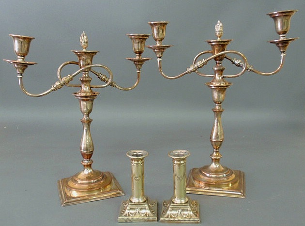 Appraisal: Pair of English silverplate candelabra h x w and an