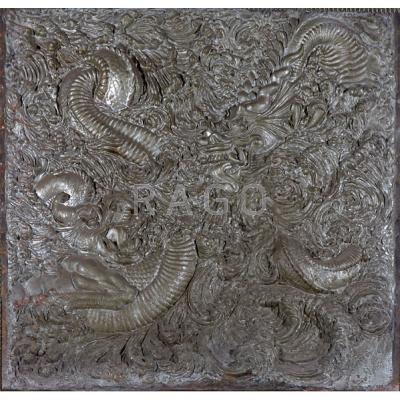 Appraisal: CAST IRON FIREBACK Relief molded mythical dragon design th c